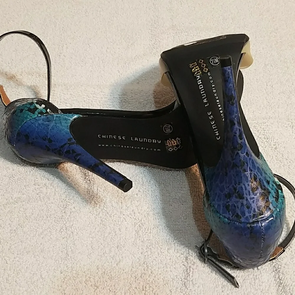 Chinese Laundry Heels Ankle‎ Strap Black Beige Blue Snake Print Pumps